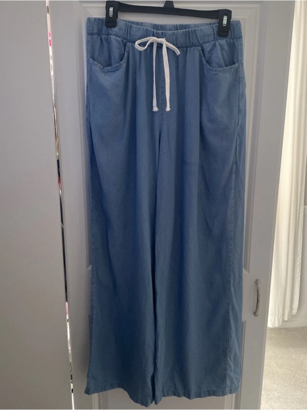 Olive + Oak Women's Blue Chambray Wide Leg Elastic Waist Pull-On Pants Medium